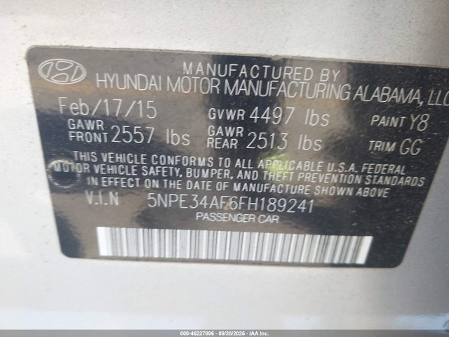 46227896 :رقم المزاد ، 5NPE34AF6FH189241 vin ، 2015 Hyundai Sonata Sport مزاد بيع