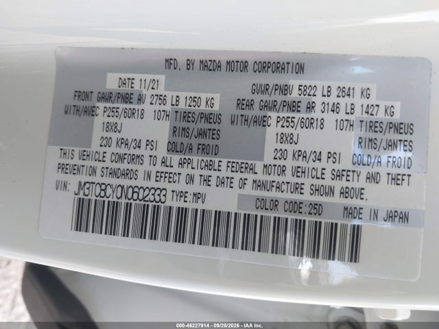 Продажа на аукционе авто 2022 Mazda Cx-9 Touring, vin: JM3TCBCY0N0602333, номер лота: 46227914
