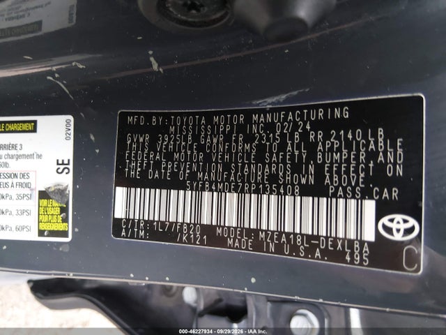 Aukcja sprzedaży 2024 Toyota Corolla Le, vin: 5YFB4MDE7RP135408, numer aukcji: 46227934