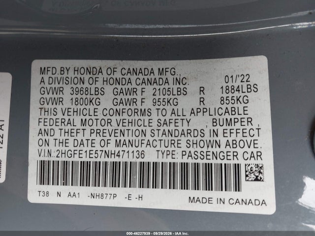 Продажа на аукционе авто 2022 Honda Civic Si Sedan, vin: 2HGFE1E57NH471136, номер лота: 46227939