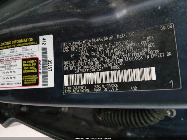 2008 Toyota Tundra Base V6 მანქანა იყიდება აუქციონზე, vin: 5TFRU54118X015573, აუქციონის ნომერი: 46227944