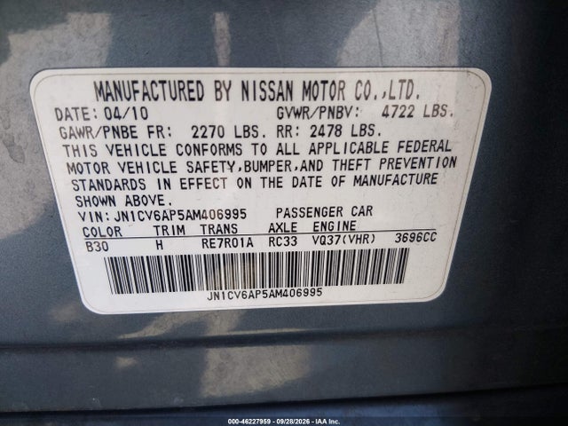 46227959 :رقم المزاد ، JN1CV6AP5AM406995 vin ، 2010 Infiniti G37 Journey مزاد بيع