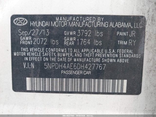 Aukcja sprzedaży 2013 Hyundai Elantra Limited, vin: 5NPDH4AE6DH427767, numer aukcji: 46227965