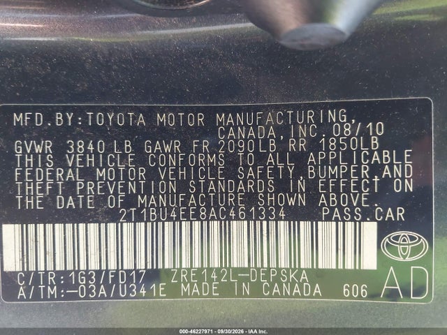 46227971 :رقم المزاد ، 2T1BU4EE8AC461334 vin ، 2010 Toyota Corolla S مزاد بيع