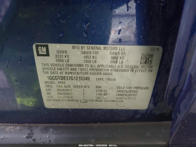 46227994 :رقم المزاد ، 1GCGTDE37G1216349 vin ، 2016 Chevrolet Colorado Z71 مزاد بيع
