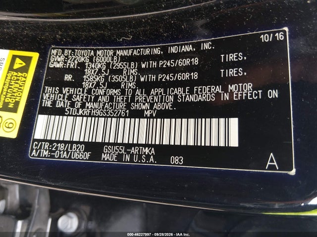 46227997 :رقم المزاد ، 5TDJKRFH9GS352761 vin ، 2016 Toyota Highlander Xle V6 مزاد بيع