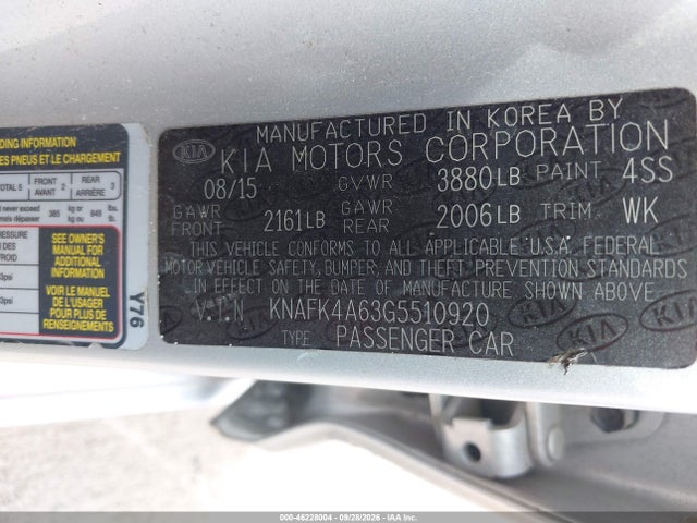 Продажа на аукционе авто 2016 Kia Forte Lx, vin: KNAFK4A63G5510920, номер лота: 46228004