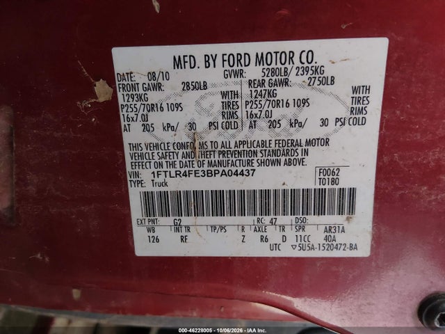 46228005 :رقم المزاد ، 1FTLR4FE3BPA04437 vin ، 2011 Ford Ranger Xlt مزاد بيع