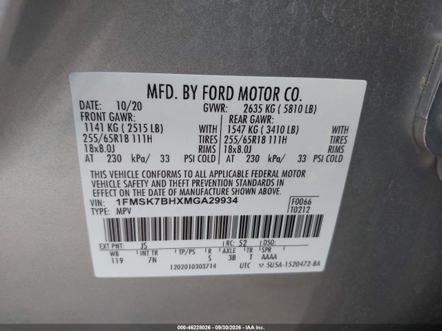 46228026 :رقم المزاد ، 1FMSK7BHXMGA29934 vin ، 2021 Ford Explorer مزاد بيع