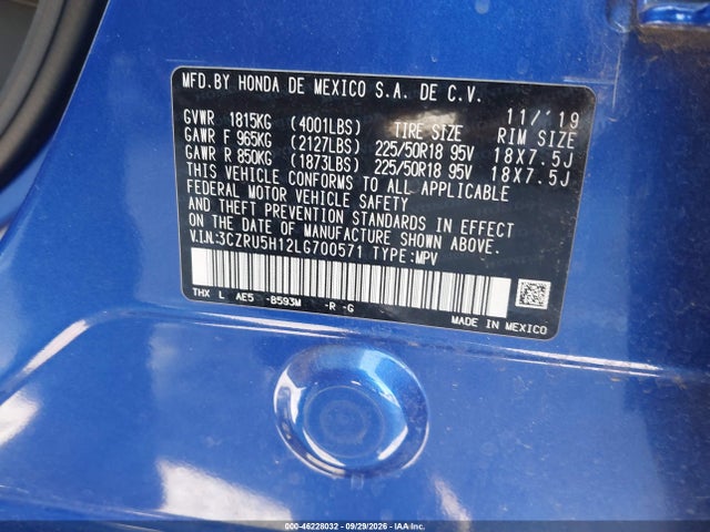 Aukcja sprzedaży 2020 Honda Hr-v 2wd Sport, vin: 3CZRU5H12LG700571, numer aukcji: 46228032