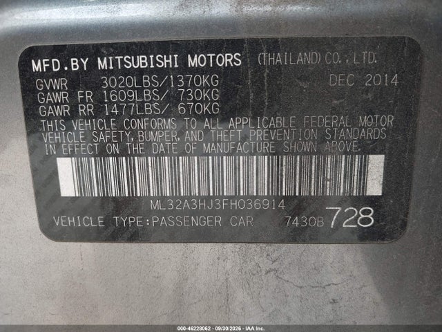 Aukcja sprzedaży 2015 Mitsubishi Mirage De/rf, vin: ML32A3HJ3FH036914, numer aukcji: 46228062