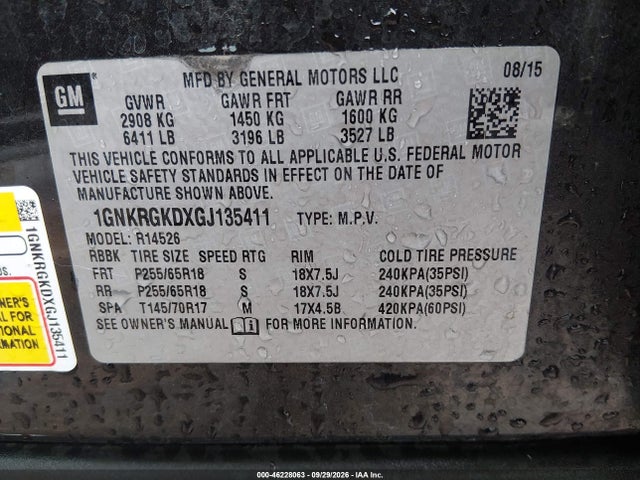 46228063 :رقم المزاد ، 1GNKRGKDXGJ135411 vin ، 2016 Chevrolet Traverse 1lt مزاد بيع