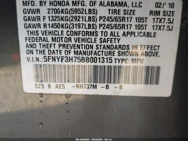Auction sale of the 2011 Honda Pilot Ex-l, vin: 5FNYF3H75BB001315, lot number: 46228083