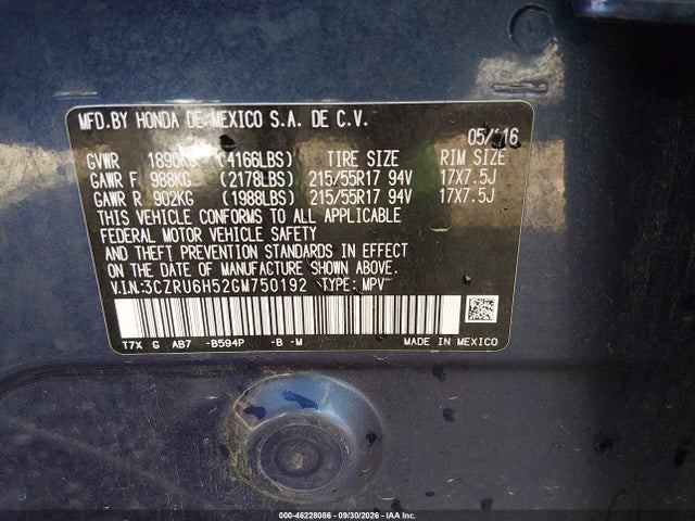 2016 Honda Hr-v Ex მანქანა იყიდება აუქციონზე, vin: 3CZRU6H52GM750192, აუქციონის ნომერი: 46228086