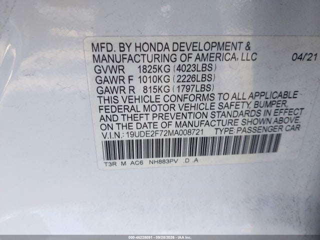 Auction sale of the 2021 Acura Ilx Premium Package/technology Package, vin: 19UDE2F72MA008721, lot number: 46228091