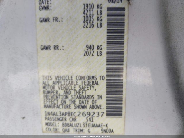 1N4AL3AP8EC269237 Nissan Altima 2.5 Sv