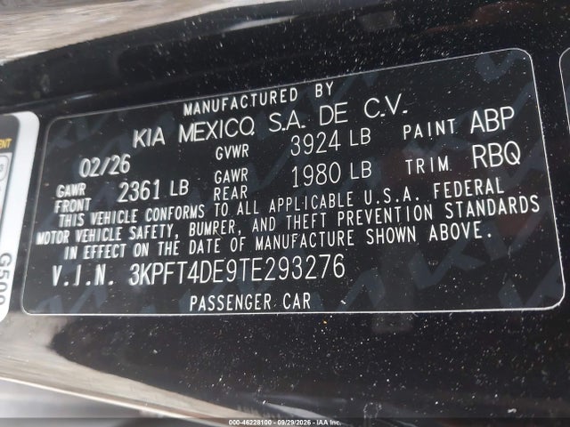 Aukcja sprzedaży 2026 Kia K4 Lxs, vin: 3KPFT4DE9TE293276, numer aukcji: 46228100