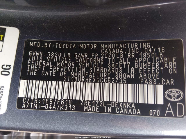 Toyota COROLLA LE 2016 2T1BURHEXGC662735 Image 9