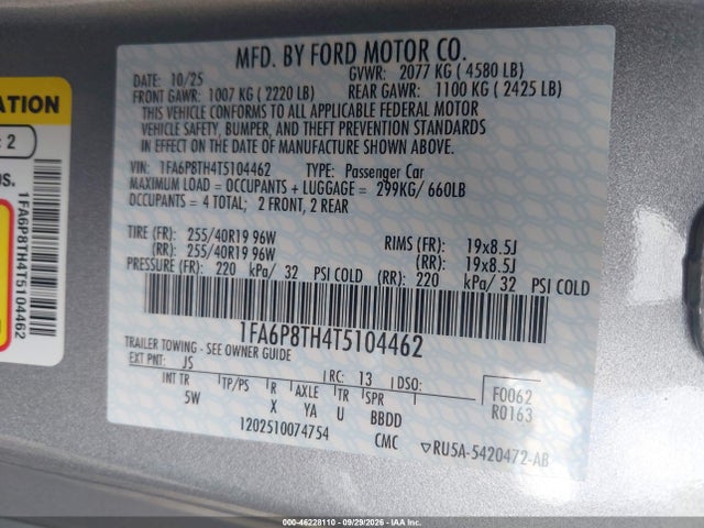 Продаж на аукціоні авто 2026 Ford Mustang Ecoboost Premium Fastback, vin: 1FA6P8TH4T5104462, номер лоту: 46228110
