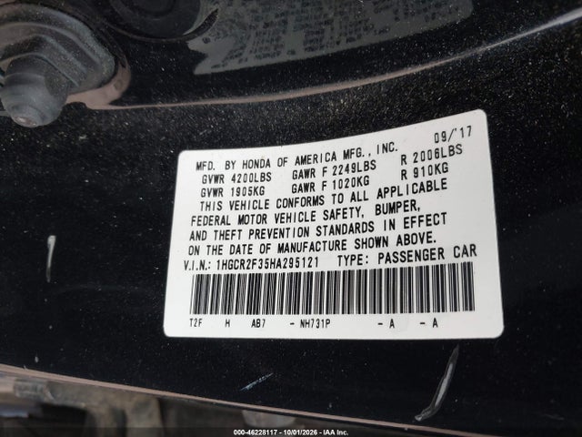 Продажа на аукционе авто 2017 Honda Accord Lx, vin: 1HGCR2F35HA295121, номер лота: 46228117