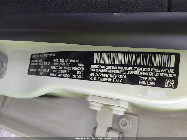 Aukcja sprzedaży 2022 Jeep Renegade Latitude 4x4, vin: ZACNJDB11NPN73004, numer aukcji: 46228131