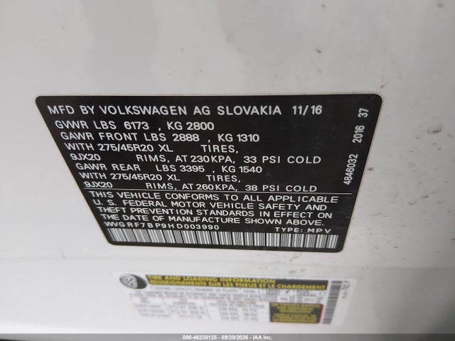 Продаж на аукціоні авто 2017 Volkswagen Touareg V6 Wolfsburg Edition, vin: WVGRF7BP9HD003990, номер лоту: 46228135