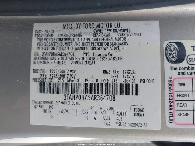 Продаж на аукціоні авто 2010 Ford Fusion Se, vin: 3FAHP0HA5AR364708, номер лоту: 46228150