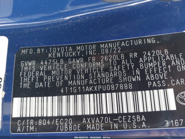 2023 Toyota Camry Se Nightshade Edition მანქანა იყიდება აუქციონზე, vin: 4T1G11AKXPU087888, აუქციონის ნომერი: 46228153
