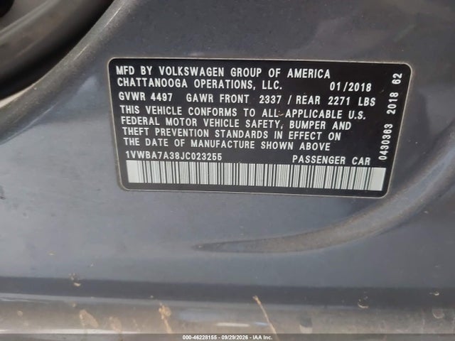 2018 Volkswagen Passat 2.0t Se მანქანა იყიდება აუქციონზე, vin: 1VWBA7A38JC023255, აუქციონის ნომერი: 46228155