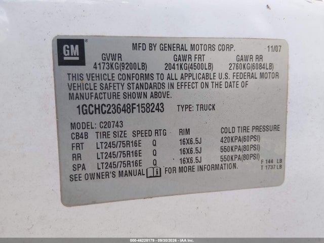 Aukcja sprzedaży 2008 Chevrolet Silverado 2500hd Lt1, vin: 1GCHC23648F158243, numer aukcji: 46228179