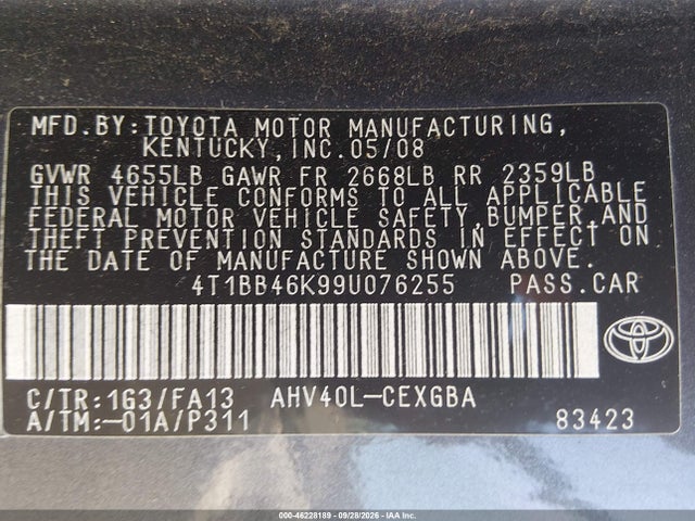 Продажа на аукционе авто 2009 Toyota Camry Hybrid, vin: 4T1BB46K99U076255, номер лота: 46228189