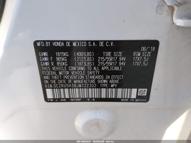 46228227 :رقم المزاد ، 3CZRU5H38JM722302 vin ، 2018 Honda Hr-v Lx مزاد بيع