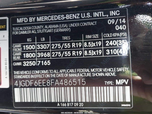 46228245 :رقم المزاد ، 4JGDF6EE8FA486515 vin ، 2015 Mercedes-benz Gl 450 4matic مزاد بيع