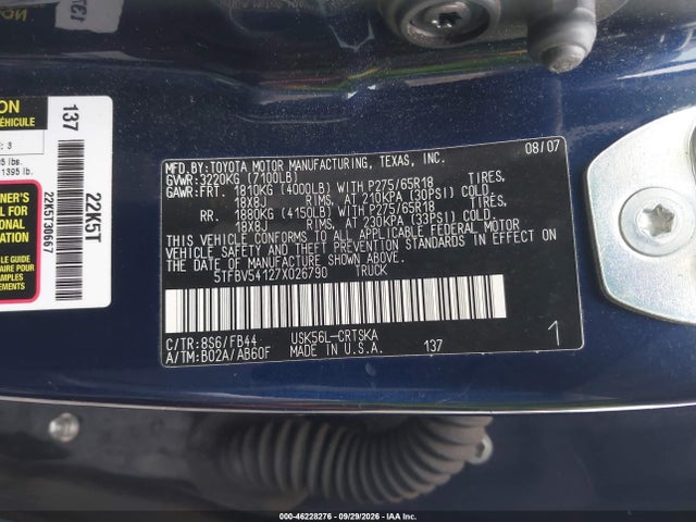 46228276 :رقم المزاد ، 5TFBV54127X026790 vin ، 2007 Toyota Tundra Sr5 5.7l V8 مزاد بيع
