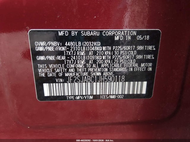 2018 Subaru Forester 2.5i მანქანა იყიდება აუქციონზე, vin: JF2SJABC1JH590118, აუქციონის ნომერი: 46228292