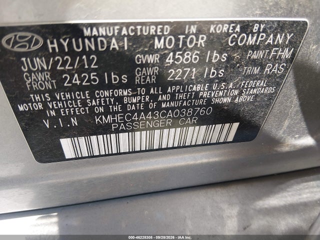 Продажа на аукционе авто 2012 Hyundai Sonata Hybrid, vin: KMHEC4A43CA038760, номер лота: 46228308