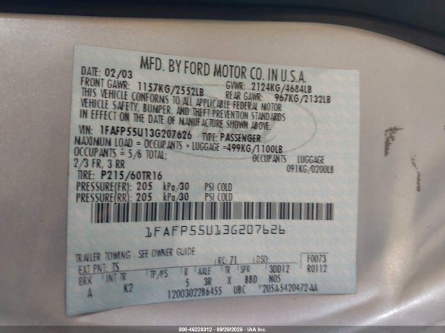 Продаж на аукціоні авто 2003 Ford Taurus Ses, vin: 1FAFP55U13G207626, номер лоту: 46228312