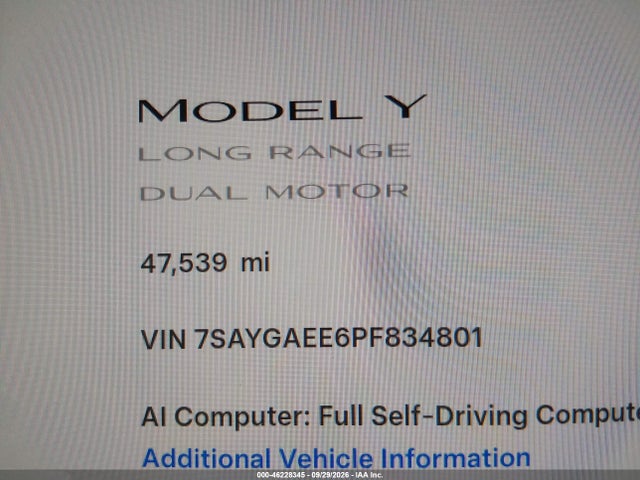 Продаж на аукціоні авто 2023 Tesla Model Y Awd/long Range Dual Motor All-wheel Drive, vin: 7SAYGAEE6PF834801, номер лоту: 46228345