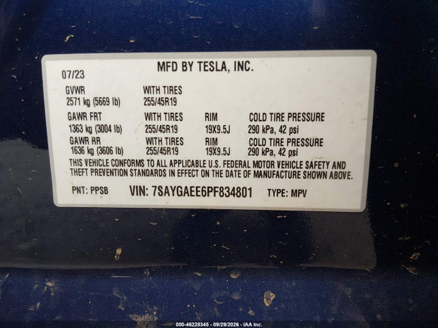 Продаж на аукціоні авто 2023 Tesla Model Y Awd/long Range Dual Motor All-wheel Drive, vin: 7SAYGAEE6PF834801, номер лоту: 46228345