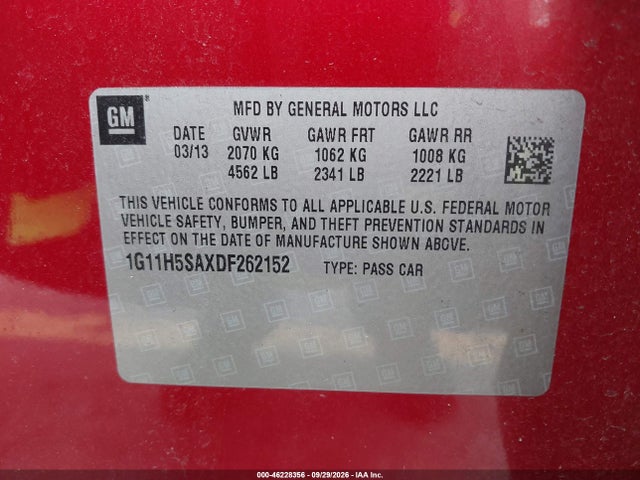 2013 Chevrolet Malibu 1lz მანქანა იყიდება აუქციონზე, vin: 1G11H5SAXDF262152, აუქციონის ნომერი: 46228356