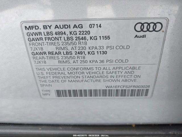 2015 Audi Q3 2.0t Premium Plus მანქანა იყიდება აუქციონზე, vin: WA1EFCFS2FR003026, აუქციონის ნომერი: 46228370