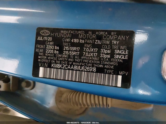Aukcja sprzedaży 2021 Hyundai Kona Sel, vin: KM8K2CAA8MU626918, numer aukcji: 46228373