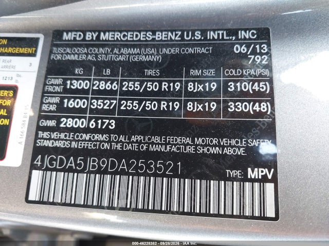 Auction sale of the 2013 Mercedes-benz Ml 350, vin: 4JGDA5JB9DA253521, lot number: 46228382