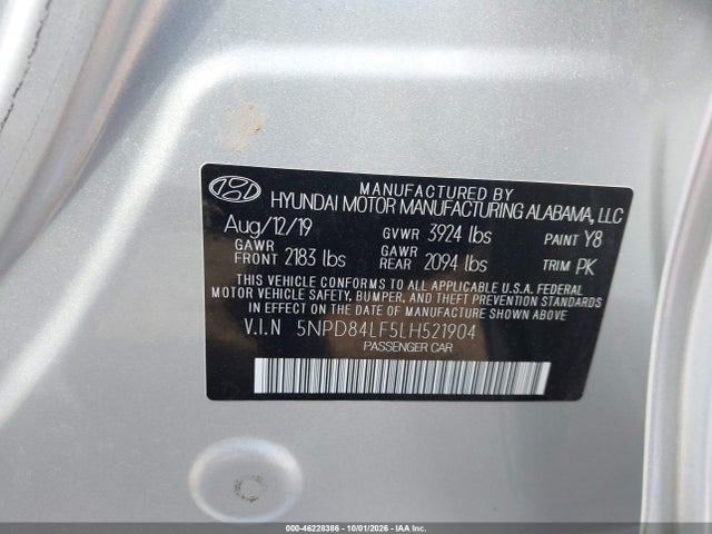 5NPD84LF5LH521904 Hyundai ELANTRA SEL