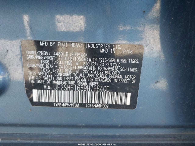 46228397 :رقم المزاد ، JF2SH61689H768400 vin ، 2009 Subaru Forester 2.5x مزاد بيع