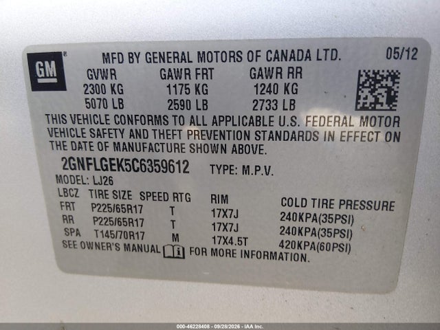 Продаж на аукціоні авто 2012 Chevrolet Equinox Ltz, vin: 2GNFLGEK5C6359612, номер лоту: 46228408