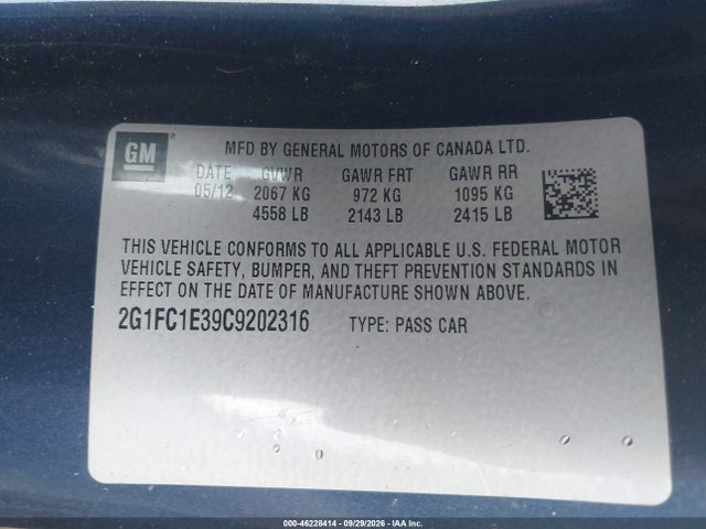 46228414 :رقم المزاد ، 2G1FC1E39C9202316 vin ، 2012 Chevrolet Camaro 2lt مزاد بيع