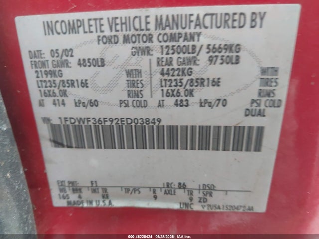 Продаж на аукціоні авто 2002 Ford F-350 Xl/xlt, vin: 1FDWF36F92ED03849, номер лоту: 46228424