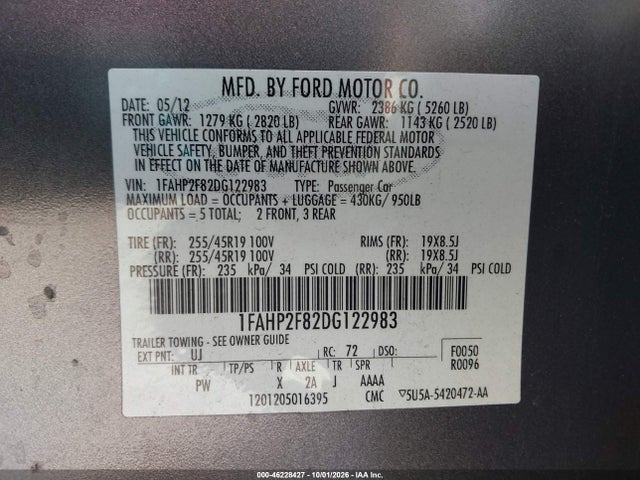 2013 Ford Taurus Limited მანქანა იყიდება აუქციონზე, vin: 1FAHP2F82DG122983, აუქციონის ნომერი: 46228427