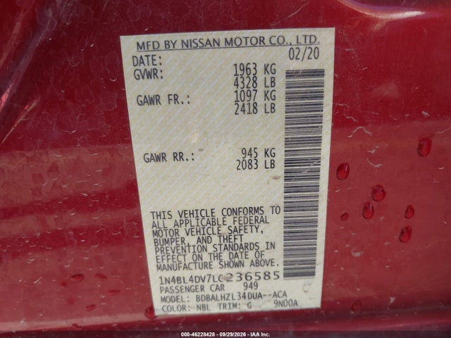 1N4BL4DV7LC236585 Nissan Altima Sv Fwd